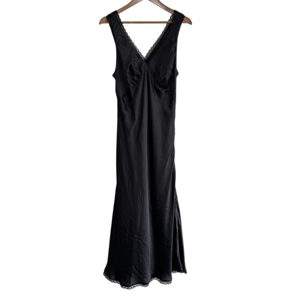 American Eagle Black Satin Lace‎ Trim Maxi Slip Dress V-Neck Size L NWT Cocktail